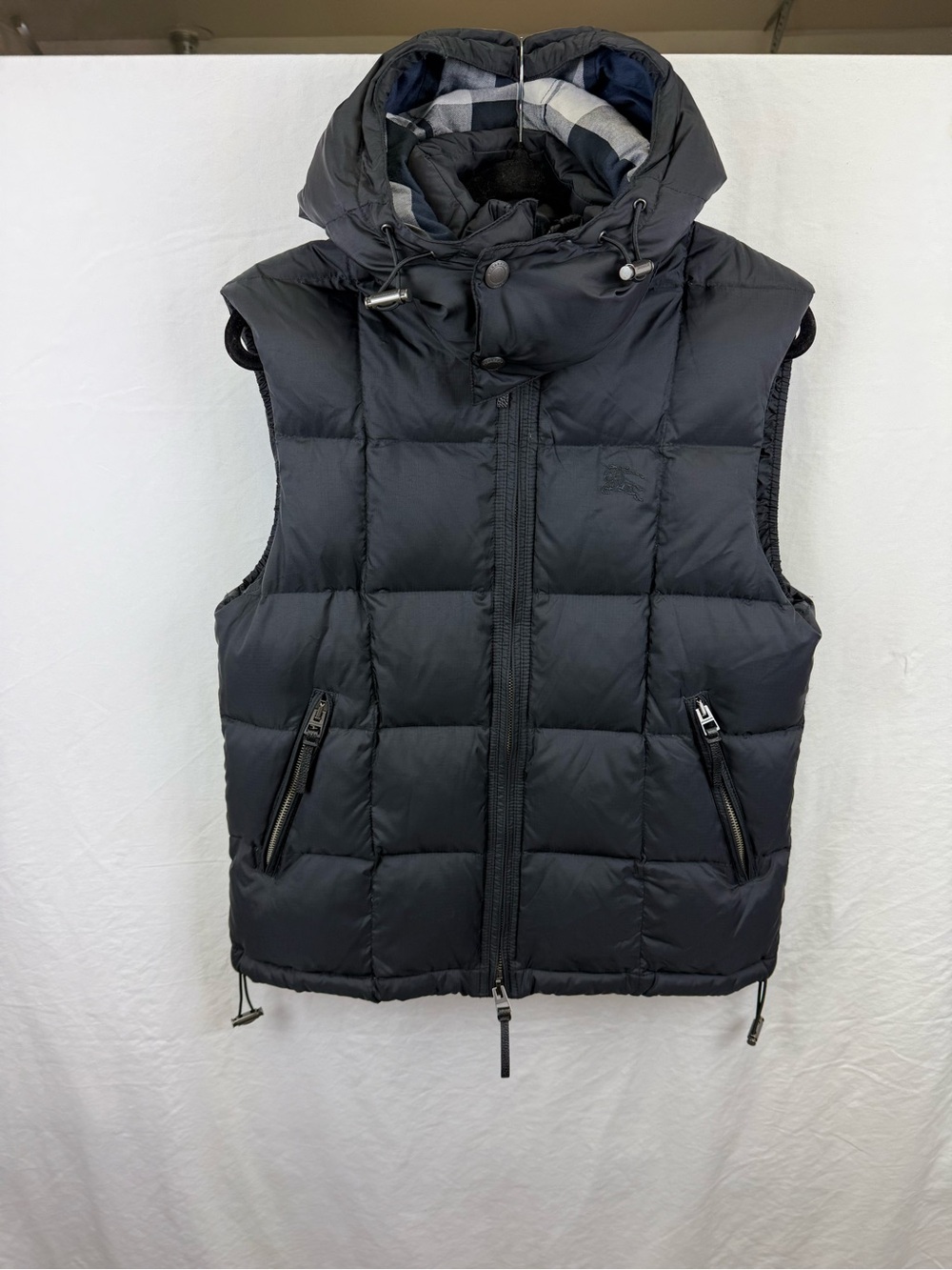 Rare Burberry Brit Navy Nova Check Mens Puffer Vest Reversible With Hood Size L